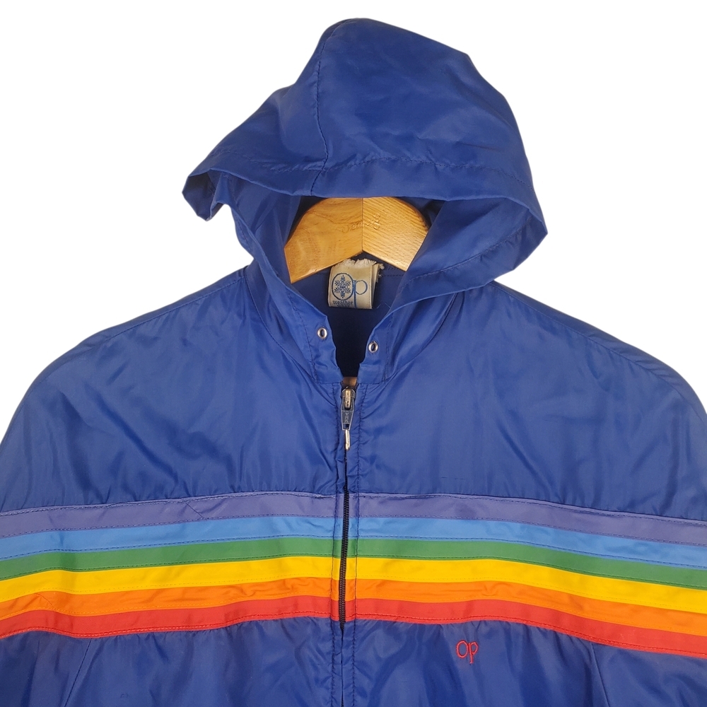 80s OP Blue Windbreaker with Rainbow Stripe. SMALL. #244 - Picture 2 of 15